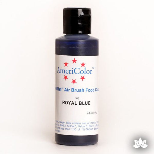 Royal Blue AmeriMist Air Brush Color 4.5 oz is a highly concentrated air brush color perfect for coloring non-dairy whipped icing, toppings, rolled fondant, gum paste flowers, and buttercream. Wholesale edible air brush color.