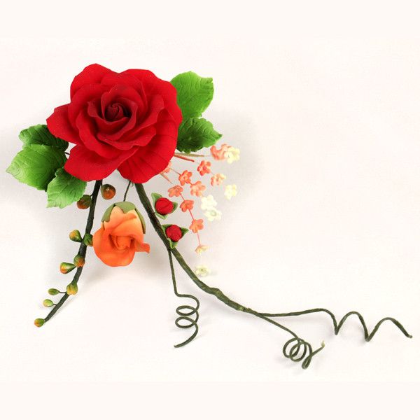 Handmade red and orange gumpaste flower spray for professional cake decorating by Caljava