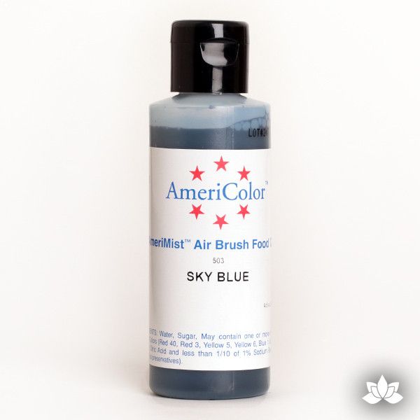 Sky Blue AmeriMist Air Brush Color 4.5 oz is a highly concentrated air brush color perfect for coloring non-dairy whipped icing, toppings, rolled fondant, gum paste flowers, and buttercream. Wholesale edible air brush color.