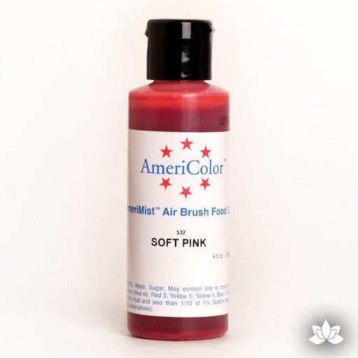 Soft Pink AmeriMist Air Brush Color 4.5 oz is a highly concentrated air brush color perfect for coloring non-dairy whipped icing, toppings, rolled fondant, gum paste flowers, and buttercream. Wholesale edible air brush color.