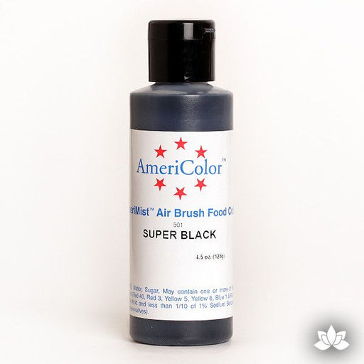 Super Black AmeriMist Air Brush Color 4.5 oz is a highly concentrated air brush color perfect for coloring non-dairy whipped icing, toppings, rolled fondant, gum paste flowers, and buttercream. Wholesale edible air brush color.