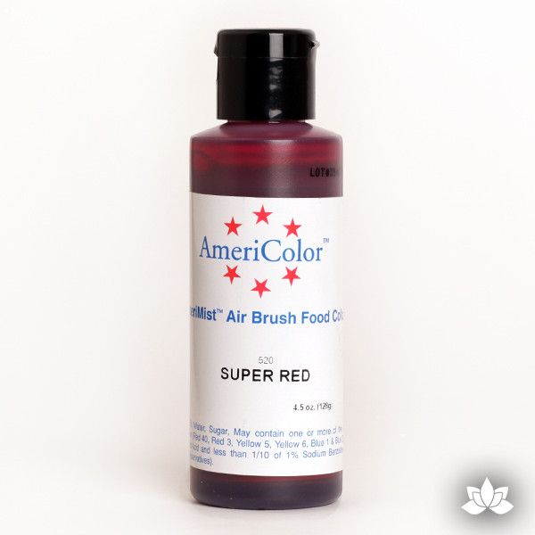 Super Red AmeriMist Air Brush Color 4.5 oz is a highly concentrated air brush color perfect for coloring non-dairy whipped icing, toppings, rolled fondant, gum paste flowers, and buttercream. Wholesale edible air brush color.