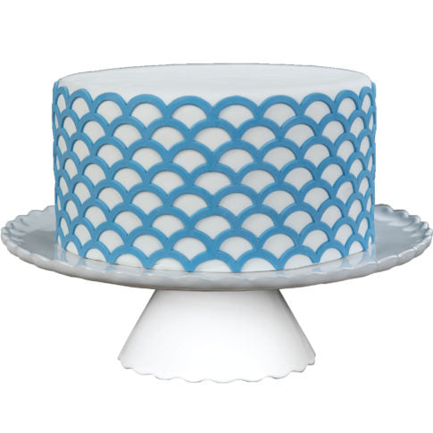 Fondant Scalloped Lattice Silicone Onlay great for making raised 3D details of lattice patterns from fondant for your cake.  Cake decorating tool from Marvelous Molds.