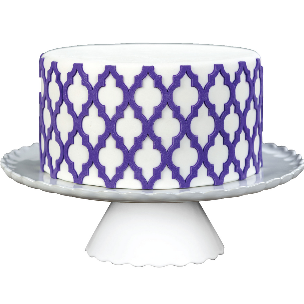 Fondant Moroccan Lattice Silicone Onlay great for making raised 3D details of lattice patterns from fondant for your cake.  Cake decorating tool from Marvelous Molds.