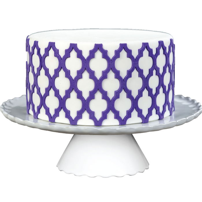 Fondant Moroccan Lattice Silicone Onlay great for making raised 3D details of lattice patterns from fondant for your cake.  Cake decorating tool from Marvelous Molds.