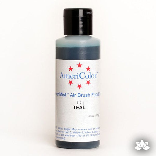Teal AmeriMist Air Brush Color 4.5 oz is a highly concentrated air brush color perfect for coloring non-dairy whipped icing, toppings, rolled fondant, gum paste flowers, and buttercream. Wholesale edible air brush color.