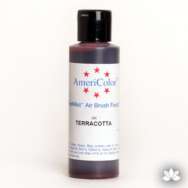 Terracotta AmeriMist Air Brush Color 4.5 oz is a highly concentrated air brush color perfect for coloring non-dairy whipped icing, toppings, rolled fondant, gum paste flowers, and buttercream. Wholesale edible air brush color.