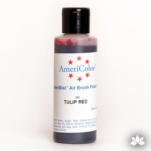Tulip Red AmeriMist Air Brush Color 4.5 oz is a highly concentrated air brush color perfect for coloring non-dairy whipped icing, toppings, rolled fondant, gum paste flowers, and buttercream. Wholesale edible air brush color.