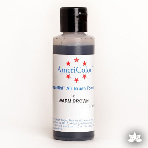 Warm Brown AmeriMist Air Brush Color 4.5 oz is a highly concentrated air brush color perfect for coloring non-dairy whipped icing, toppings, rolled fondant, gum paste flowers, and buttercream. Wholesale edible air brush color.