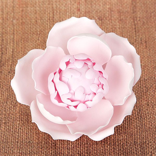 Elegant pink peony sugar flower accent used on a tiered wedding cake