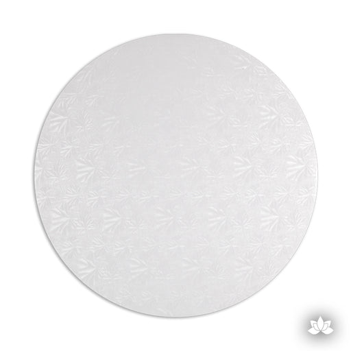 Cake Drum White Foil, great for displaying your decorated cake while providing a sturdy base for transporting your cake. 1/2 inch round white foil cake drum for multi-tiered wedding cakes