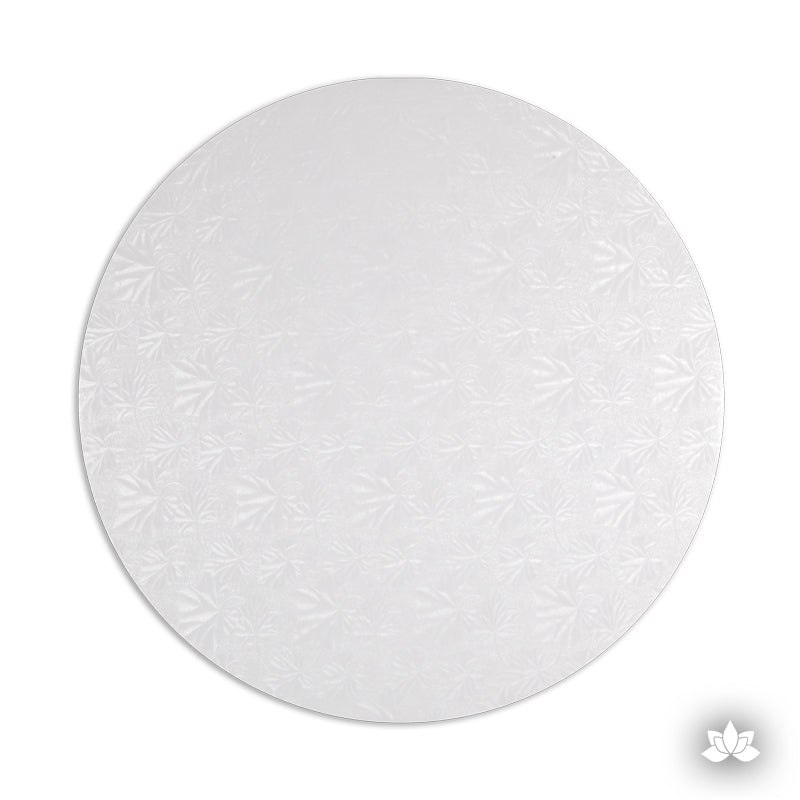 Cake Drum White Foil, great for displaying your decorated cake while providing a sturdy base for transporting your cake. 1/2 inch round white foil cake drum for multi-tiered wedding cakes
