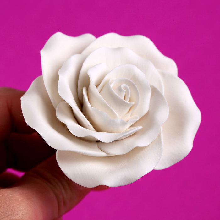 White Garden Rose gumpaste sugar flower cake topper for decorating fondant and buttercream cakes
