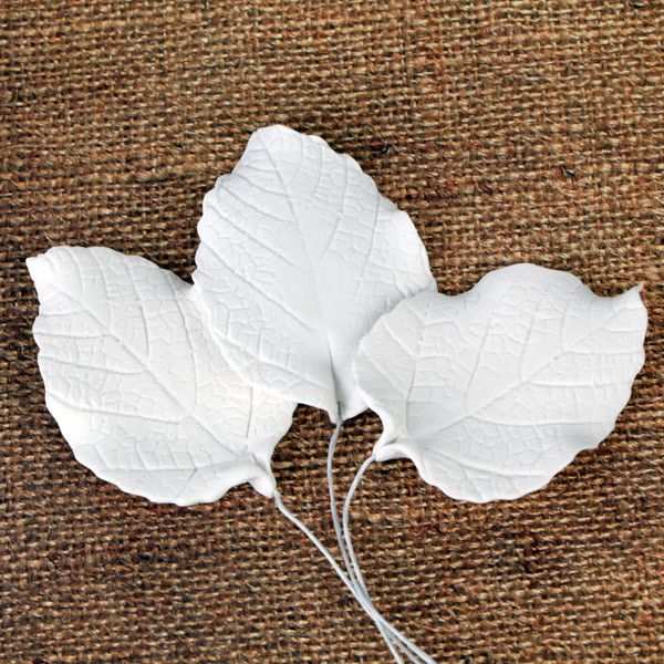 Detailed view of realistic green gum paste rose leaf cluster with textured leaf veining for custom cake toppers.Wholesale cake supply.
