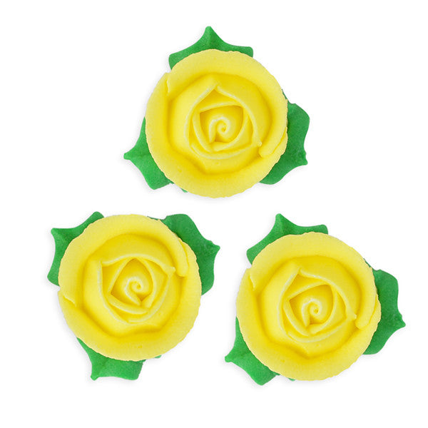 3D Rose w/ Leaves Royal Icing Decorations (Bulk) - Yellow