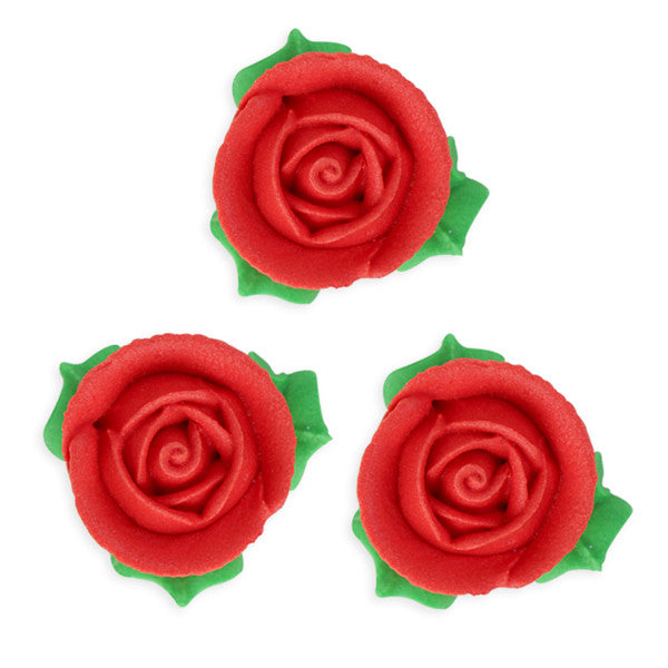 3D Rose w/ Leaves Royal Icing Decorations (Bulk) - Red