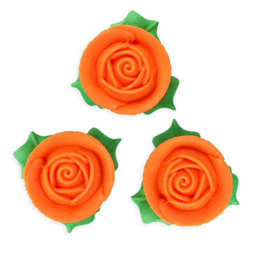 3D Rose w/ Leaves Royal Icing Decorations (Bulk) - Orange