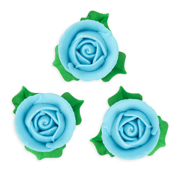 3D Rose w/ Leaves Royal Icing Decorations (Bulk) - Blue