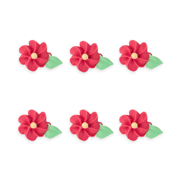 Small Drop Flower w/ Leaves Royal Icing Decorations (Bulk) - Red