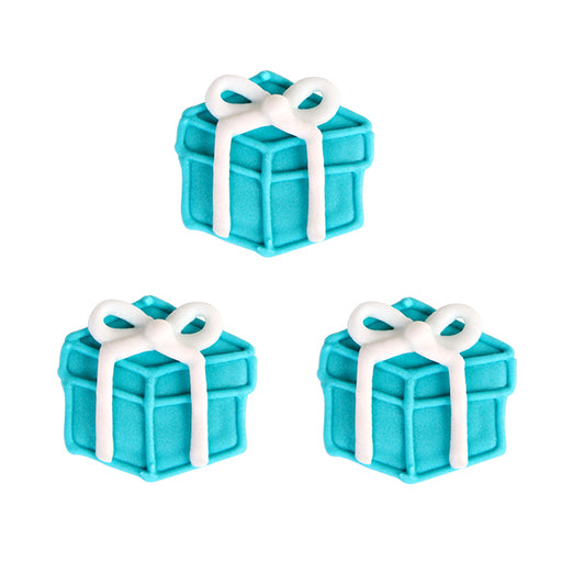 Fancy Gift Royal Icing Toppers for cake decorating your own cupcakes, cakes, and fine chocolates.  Edible chocolate decorations.  Tiffany Box great for wedding cupcakes, chocolates, candy and more.  Tiffany Blue.