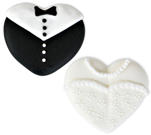Wedding Royal Icing Toppers, Bride and Groom Heart Icing Toppers, great for wedding cupcakes, cakes, and cookies. Edible toppers for chocolates.