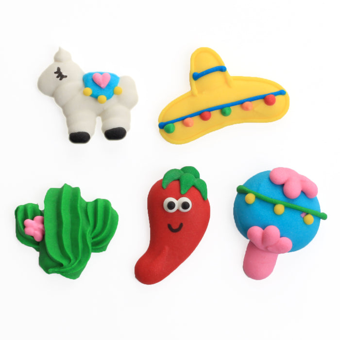 Fiesta Royal Icing Decorations great for Cinco de Mayo and Day of the Dead.  Mexican inspired designs perfect for cakes, cupcakes, chocolates, candy, and cookies. Edible sugar toppers. Caljava