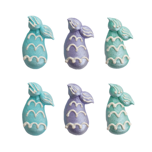 Little Mermaid Tails Royal Icing Toppers for decorating your own cupcakes, chocolates, cookies, cakes, and other desserts. Edible hand piped icing toppers ready to use on your food.