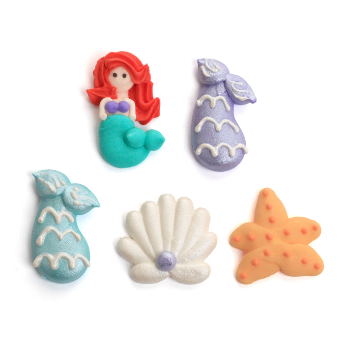 Little Mermaid Set Royal Icing Toppers for decorating your own cupcakes, chocolates, cookies, cakes, and other desserts. Edible hand piped icing toppers ready to use on your food.