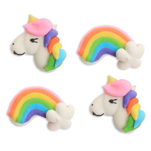 Unicorn and Rainbow Royal Icing Toppers for decorating your own cupcakes, chocolates, cookies, cakes, and other desserts. Edible hand piped icing toppers ready to use on your food.
