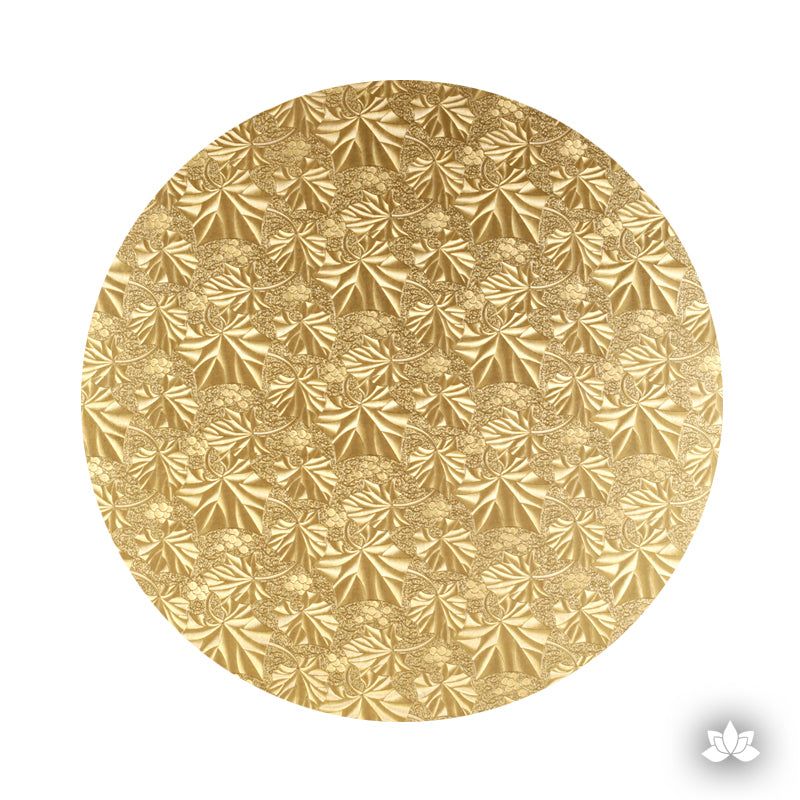 Cake Drum Gold Foil, great for displaying your decorated cake while providing a sturdy base for transporting your cake. Embossed gold foil cake drum base supporting a tiered celebration cake