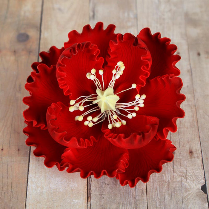 Handcrafted red peony gumpaste flower used on a professional wedding cake by Caljava