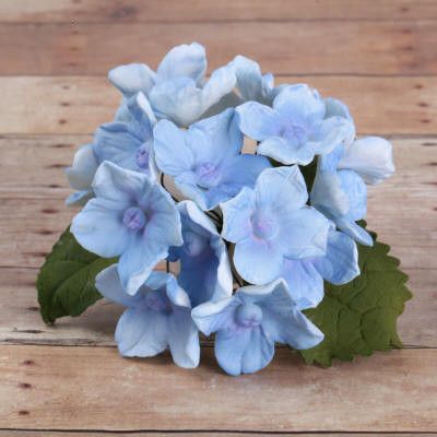 Blue Hydrangeas and Leaves sugarflowers from gumpaste cake decorations perfect for cake decorating fondant cakes as a cake topper.  Wholesale bakery supplies.