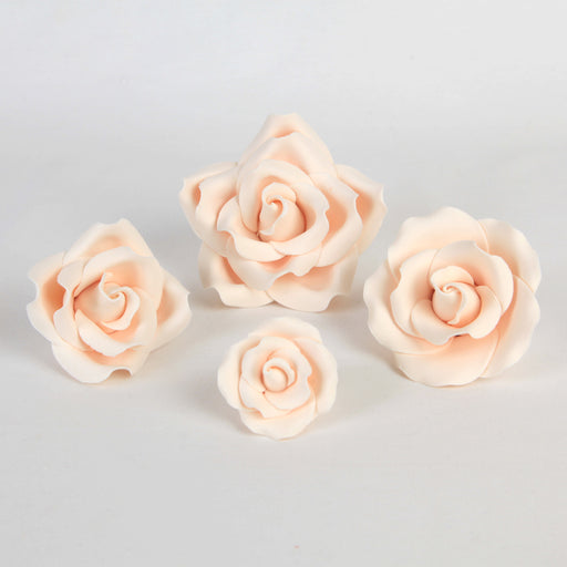 Assorted pack of ivory English garden rose sugar flowers in four mixed sizes for custom cake decorating