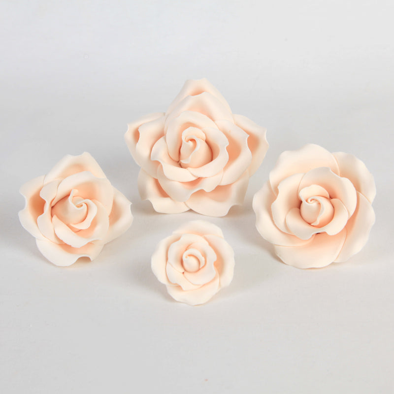 Assorted pack of ivory English garden rose sugar flowers in four mixed sizes for custom cake decorating