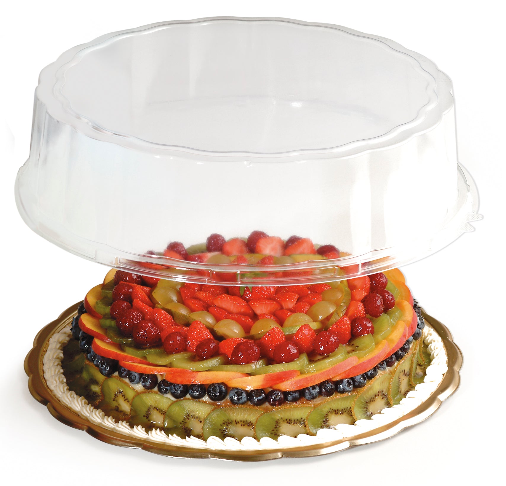 Round Medoro Pastry Tray Lids great for pastries, sandwiches, cakes, cupcakes, appetizers, hors d'oeuvres, cookies, brownies, sushi, savory items, and other edible food products. Wholesale food protection for bakery and restaurants.