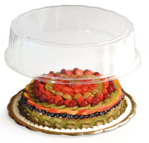 Round Medoro Pastry Tray Lids great for pastries, sandwiches, cakes, cupcakes, appetizers, hors d'oeuvres, cookies, brownies, sushi, savory items, and other edible food products. Wholesale food protection for bakery and restaurants.
