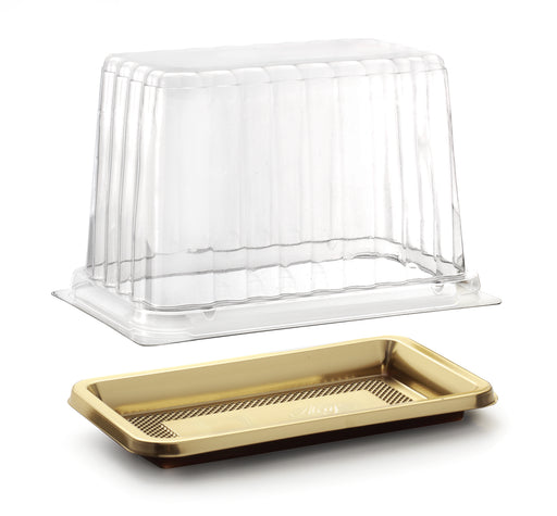 Gold Medoro Pastry Tray great for pastries, sandwiches, cakes, cupcakes, appetizers, hors d'oeuvres, cookies, brownies, sushi, savory items, and other edible food products. Wholesale food protection for bakery and restaurants.