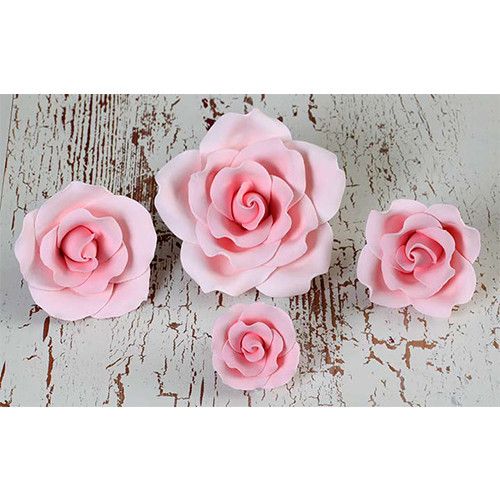Assorted pack of pink English garden rose sugar flowers in four mixed sizes (2-inch to 4-inch) for custom cake decorating