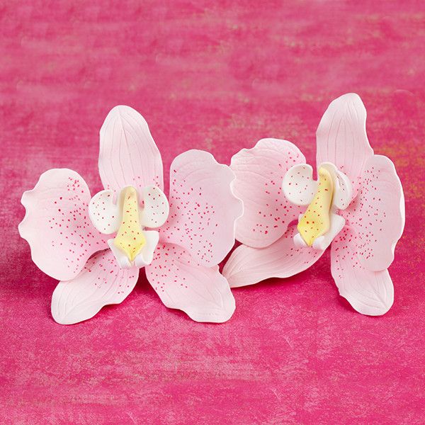 Close-up of handcrafted pink gumpaste orchid blooms showing intricate petals and realistic details.