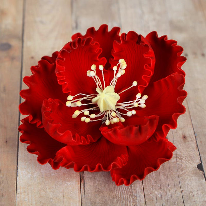 Red Gumpaste Large Peony sugarflower cake toppers perfect for cake decorating rolled fondant wedding cakes and birthday cakes.  Wholesale cake supply & sugarflowers.  Caljava 