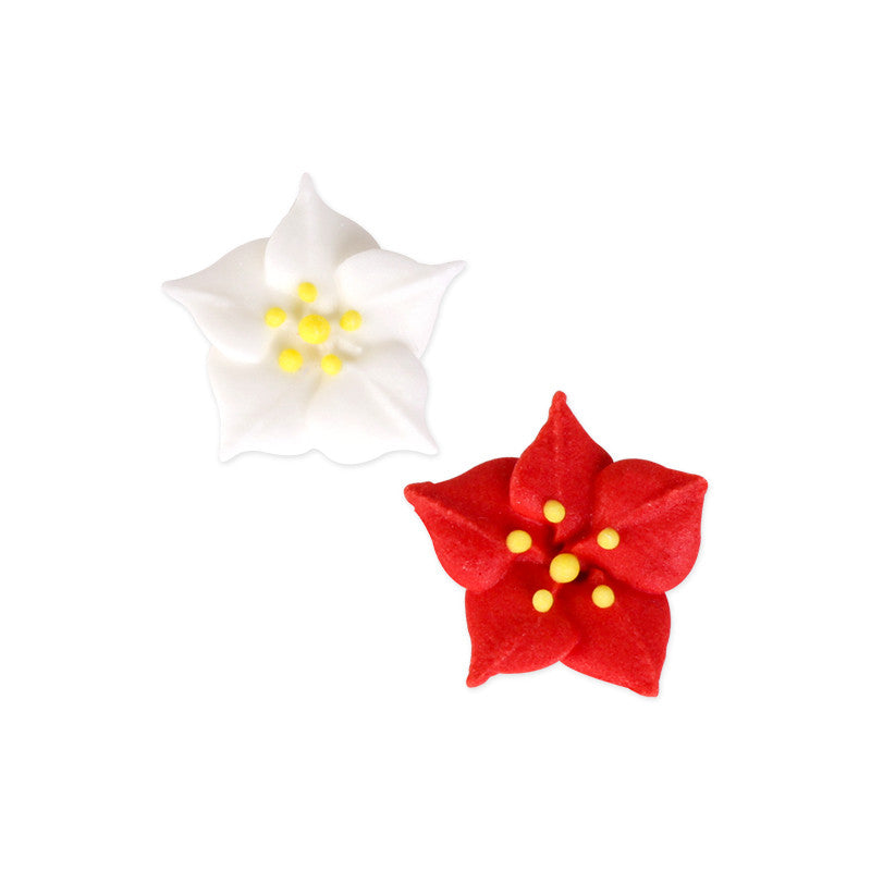 mini red and white poinsettia royal icing decorations for Christmas cupcakes and holiday baking