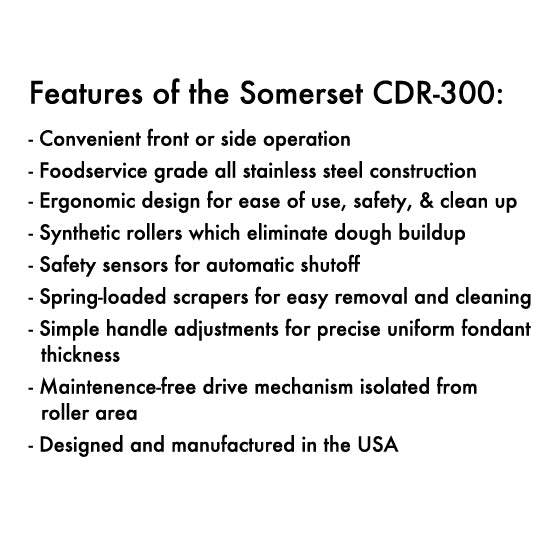 Somerset CDR-300 compact 15-inch dough sheeter designed for small commercial kitchens and cake decorators