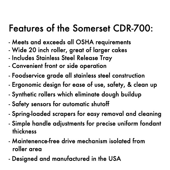 Somerset CDR-700 20-inch fondant sheeter with stainless steel release tray for cake decorating and bakeries