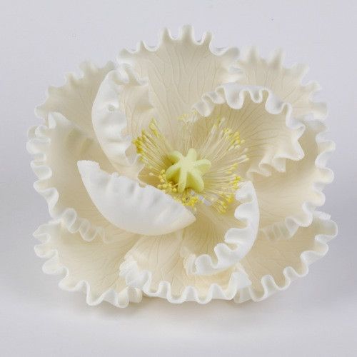 White peony sugar flower cake topper applied to a smooth fondant wedding cake by Caljava