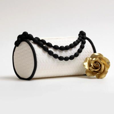 White Clutch Bag with Black Beaded Handle
