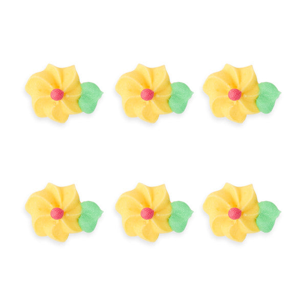 Small Drop Flower w/ Leaves Royal Icing Decorations (Bulk) - yellow