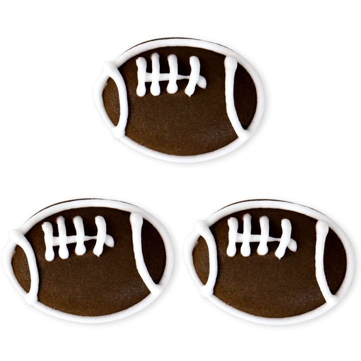 Football Royal Icing Toppers handmade ready-to-use for decorating cupcakes, chocolates, candy, cakes, pies, brownies, cookies, macarons. Edible toppers made of sugar for decorating desserts. NFL Football Icing decorations for Cupcakes, Cakes, Chocolates, and Candy.  Great for football parties, and superbowl.  Caljava